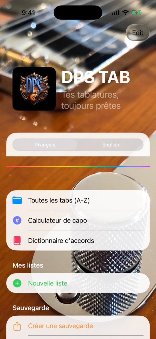 Écran d'accueil de l'app DPS TAB sur iPhone